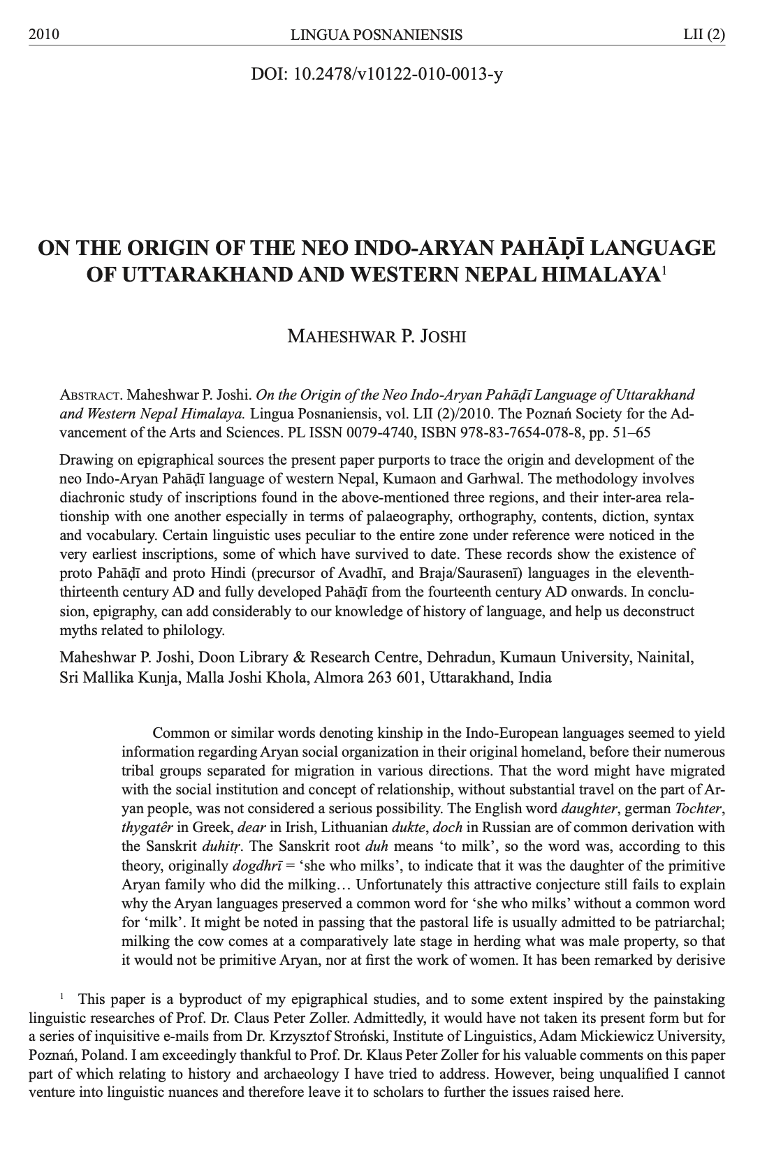 Origin of the Neo Indo-Aryan Pahadi Language of Uttarakhand